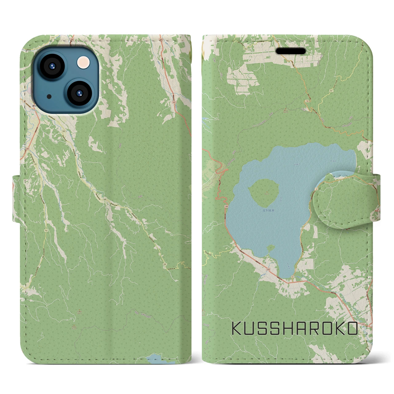 【屈斜路湖】地図柄iPhoneケース（手帳両面タイプ・ナチュラル）iPhone 13 用