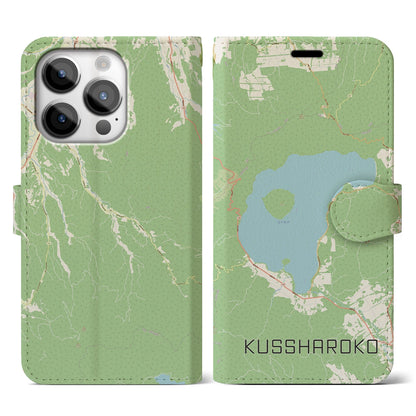 【屈斜路湖（北海道）】地図柄iPhoneケース（手帳タイプ）ナチュラル・iPhone 14 Pro 用
