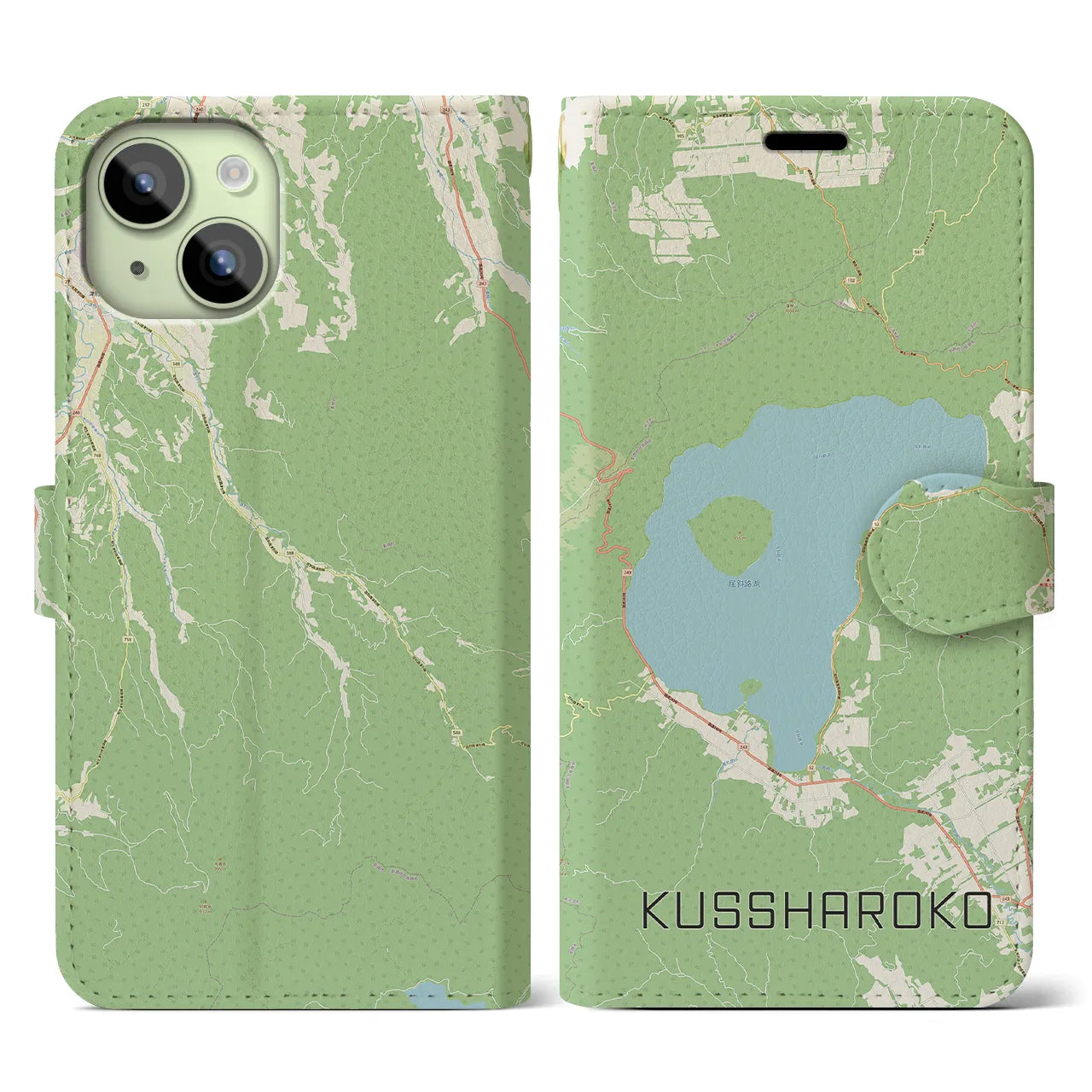 【屈斜路湖】地図柄iPhoneケース（手帳両面タイプ・ナチュラル）iPhone 15 用