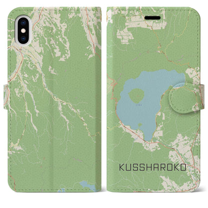 【屈斜路湖（北海道）】地図柄iPhoneケース（手帳タイプ）ナチュラル・iPhone XS Max 用