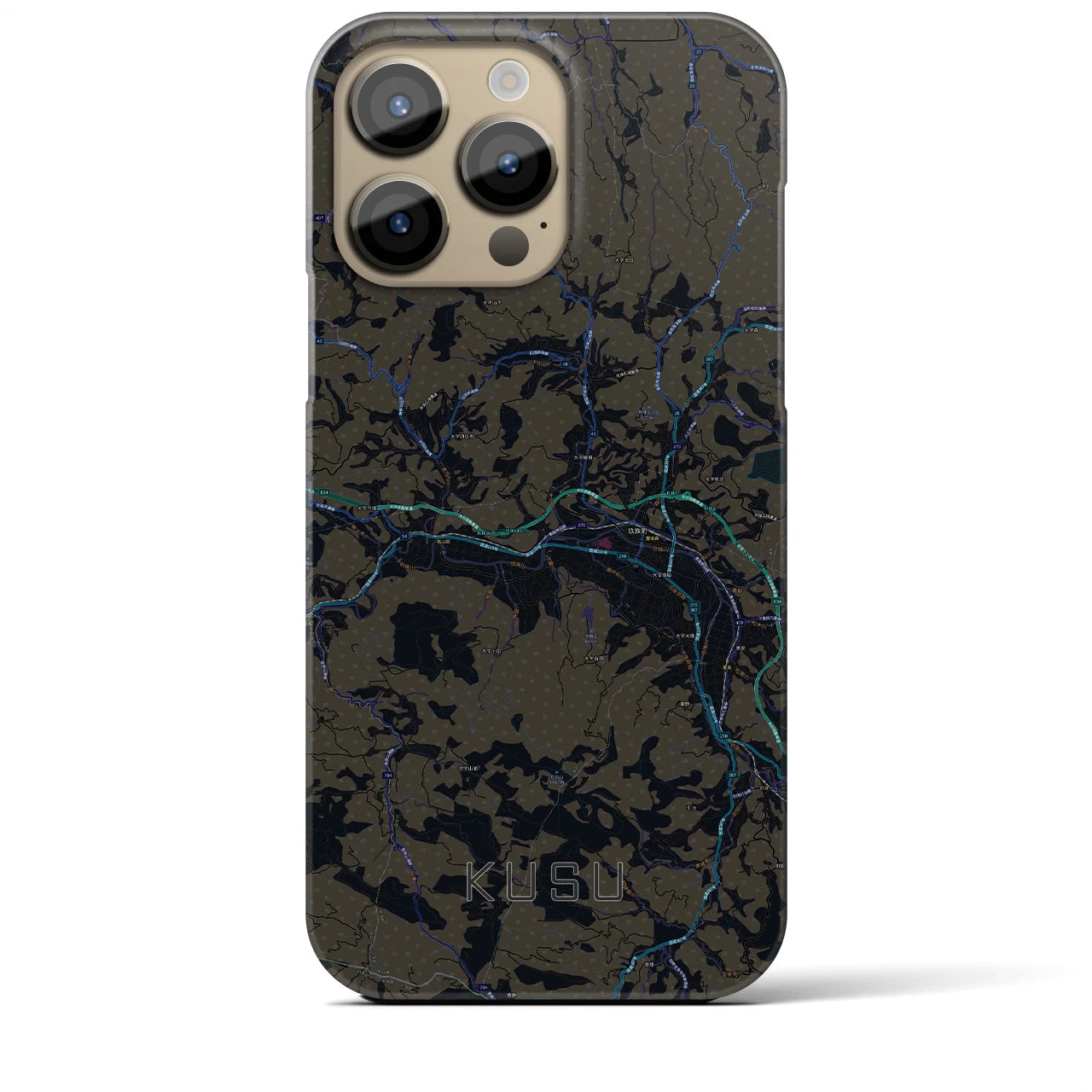 【玖珠】地図柄iPhoneケース（バックカバータイプ・ブラック）iPhone 14 Pro Max 用