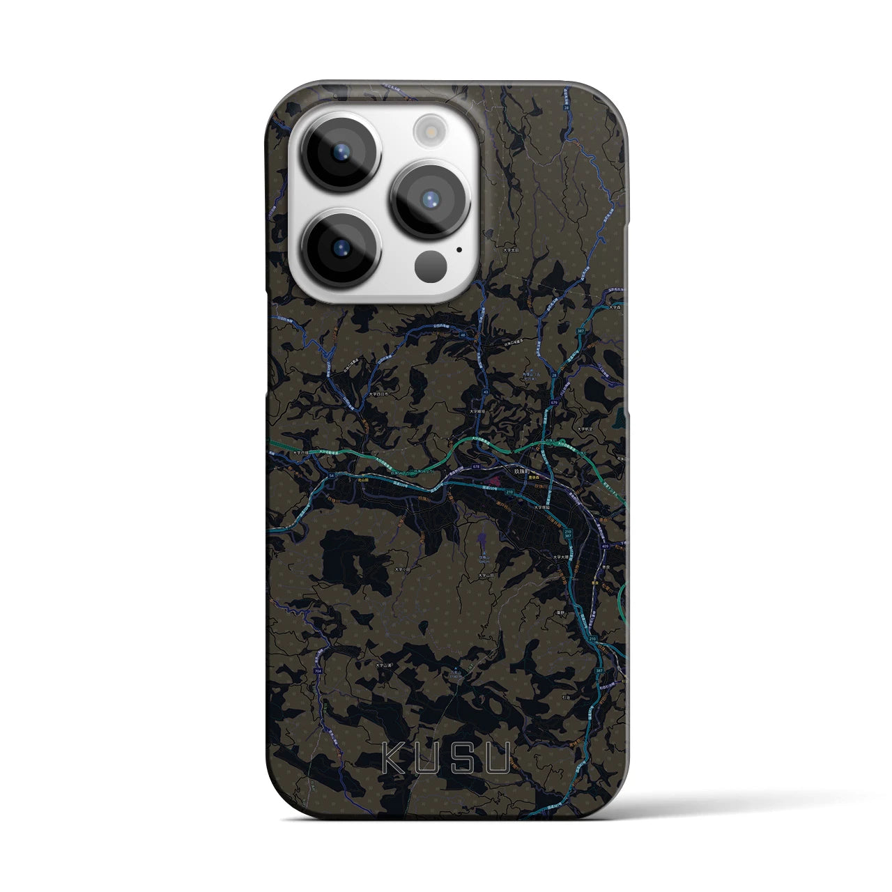 【玖珠】地図柄iPhoneケース（バックカバータイプ・ブラック）iPhone 14 Pro 用
