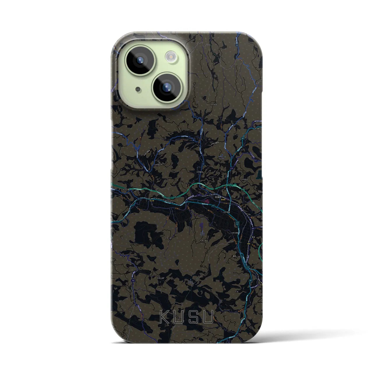【玖珠】地図柄iPhoneケース（バックカバータイプ・ブラック）iPhone 15 用