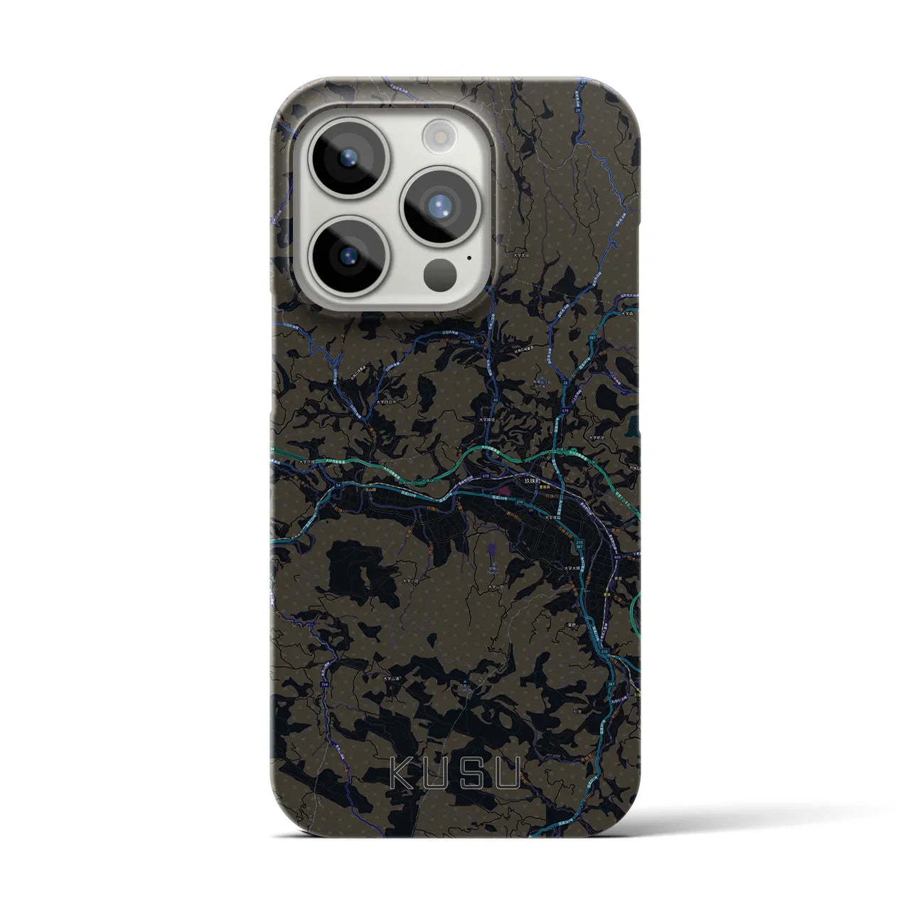 【玖珠】地図柄iPhoneケース（バックカバータイプ・ブラック）iPhone 15 Pro 用
