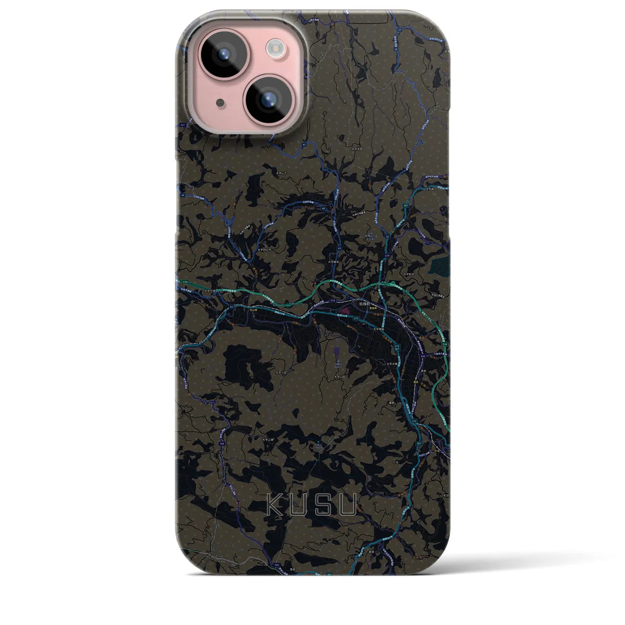 【玖珠】地図柄iPhoneケース（バックカバータイプ・ブラック）iPhone 15 Plus 用