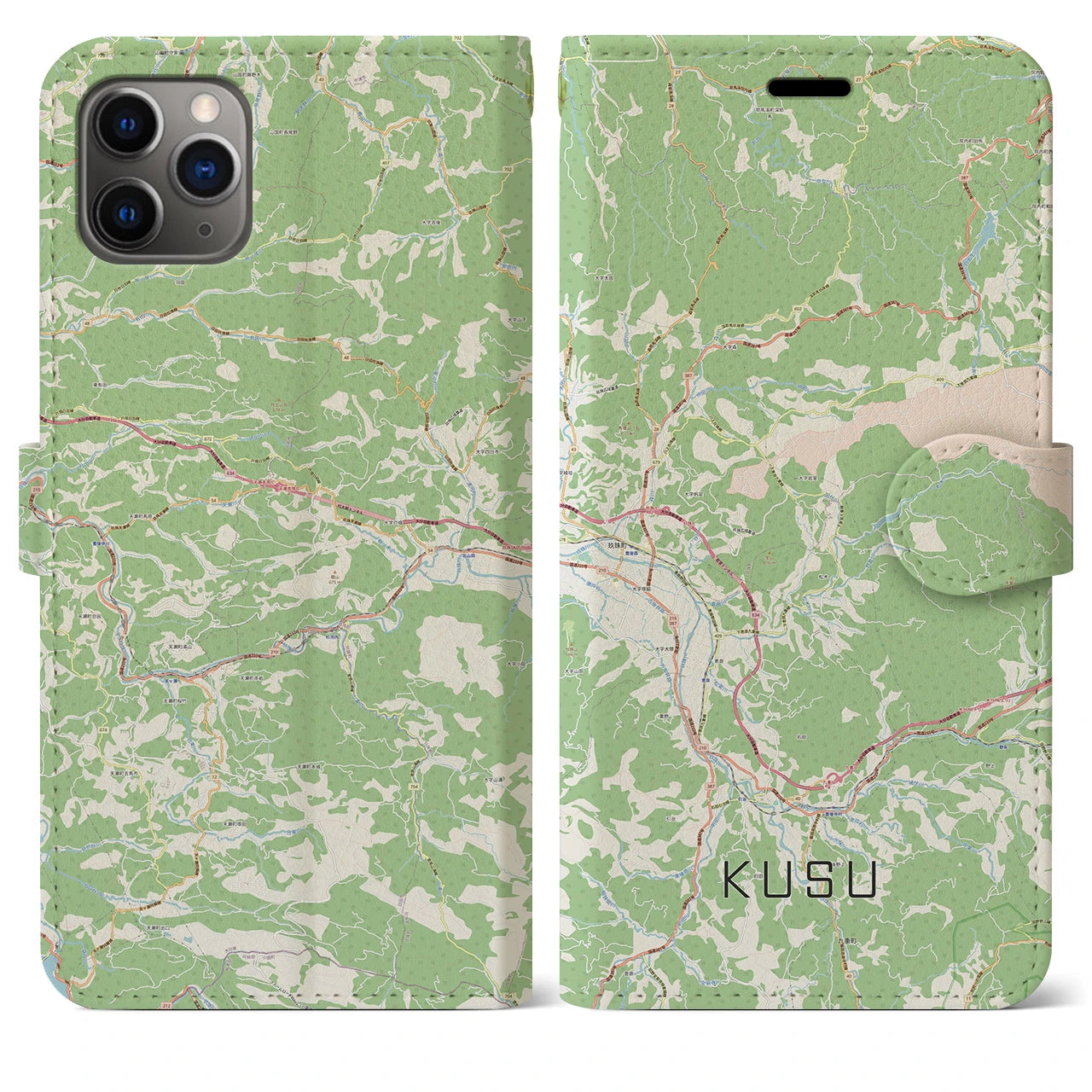 【玖珠】地図柄iPhoneケース（手帳両面タイプ・ナチュラル）iPhone 11 Pro Max 用