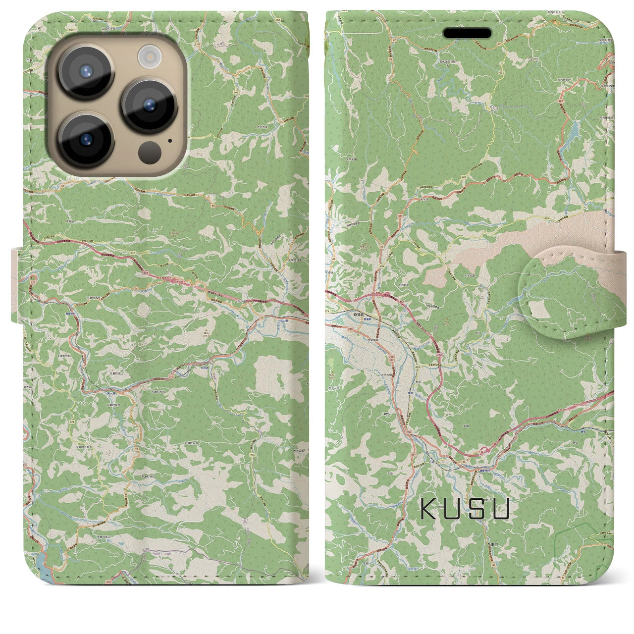 【玖珠】地図柄iPhoneケース（手帳両面タイプ・ナチュラル）iPhone 14 Pro Max 用