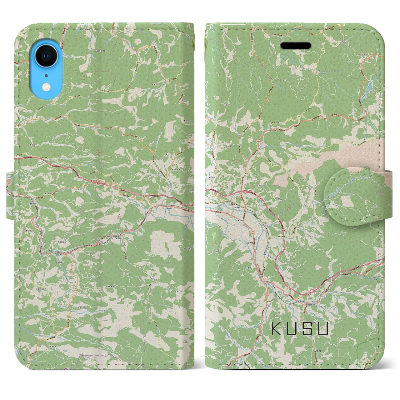 【玖珠】地図柄iPhoneケース（手帳両面タイプ・ナチュラル）iPhone XR 用