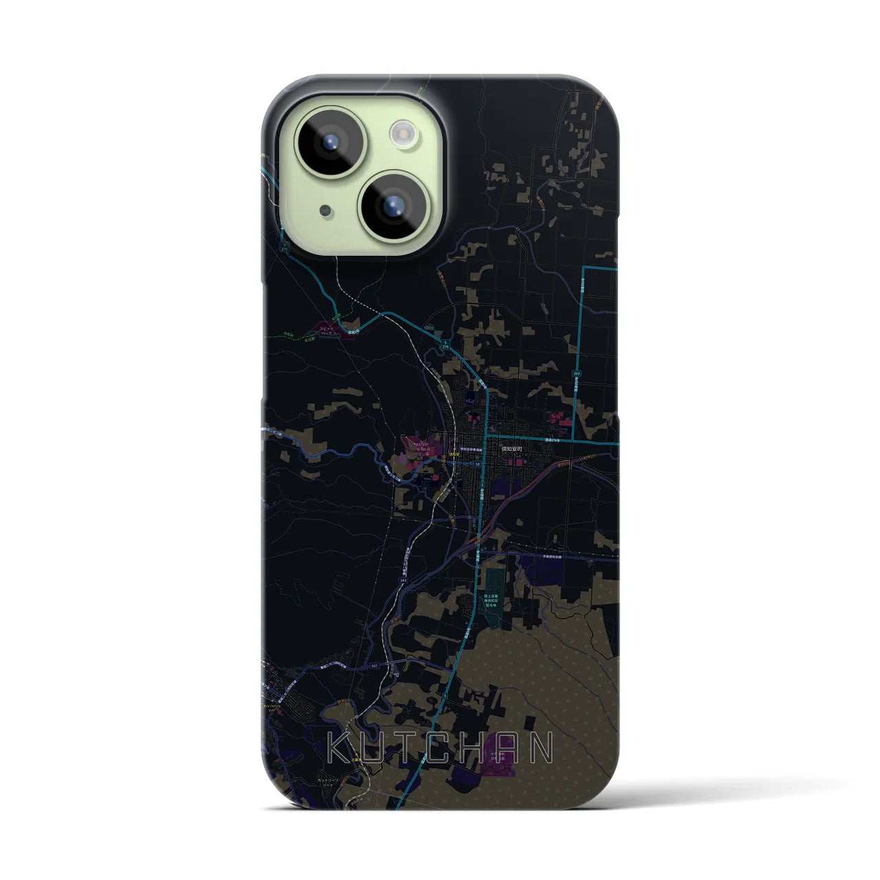 【倶知安】地図柄iPhoneケース（バックカバータイプ・ブラック）iPhone 15 用