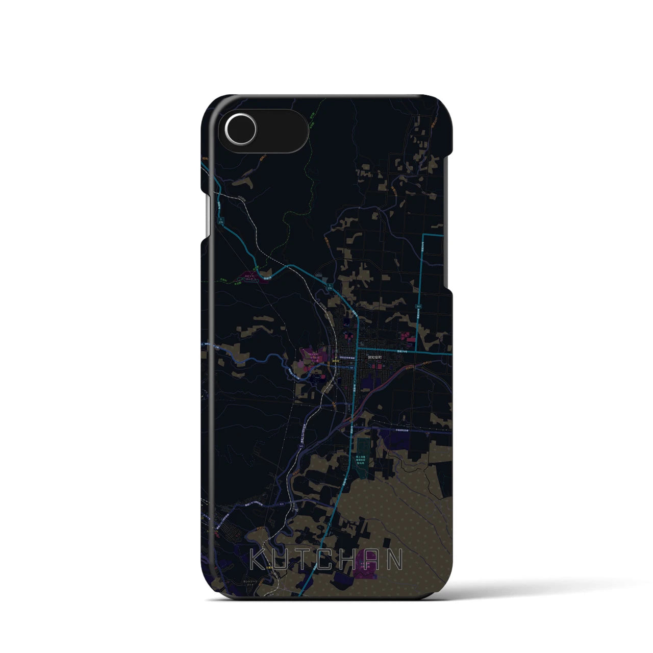 【倶知安】地図柄iPhoneケース（バックカバータイプ・ブラック）iPhone SE（第3 / 第2世代） / 8 / 7 / 6s / 6 用