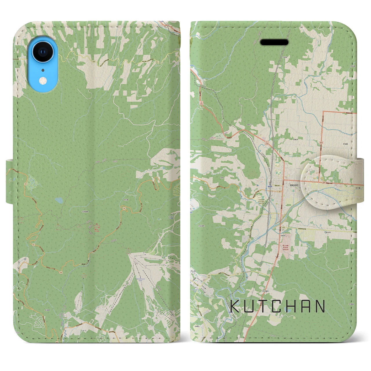 【倶知安】地図柄iPhoneケース（手帳両面タイプ・ナチュラル）iPhone XR 用