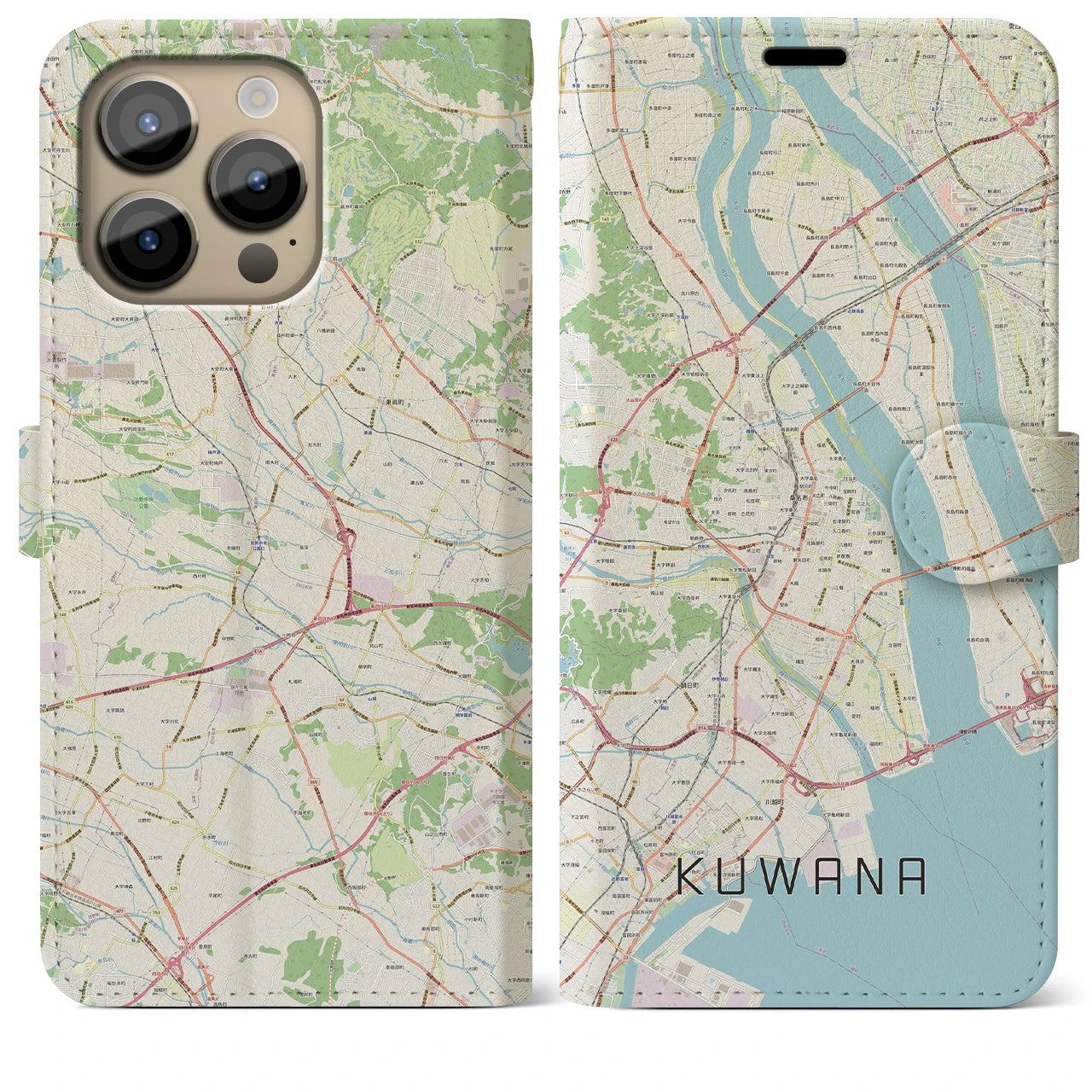 【桑名】地図柄iPhoneケース（手帳両面タイプ・ナチュラル）iPhone 14 Pro Max 用