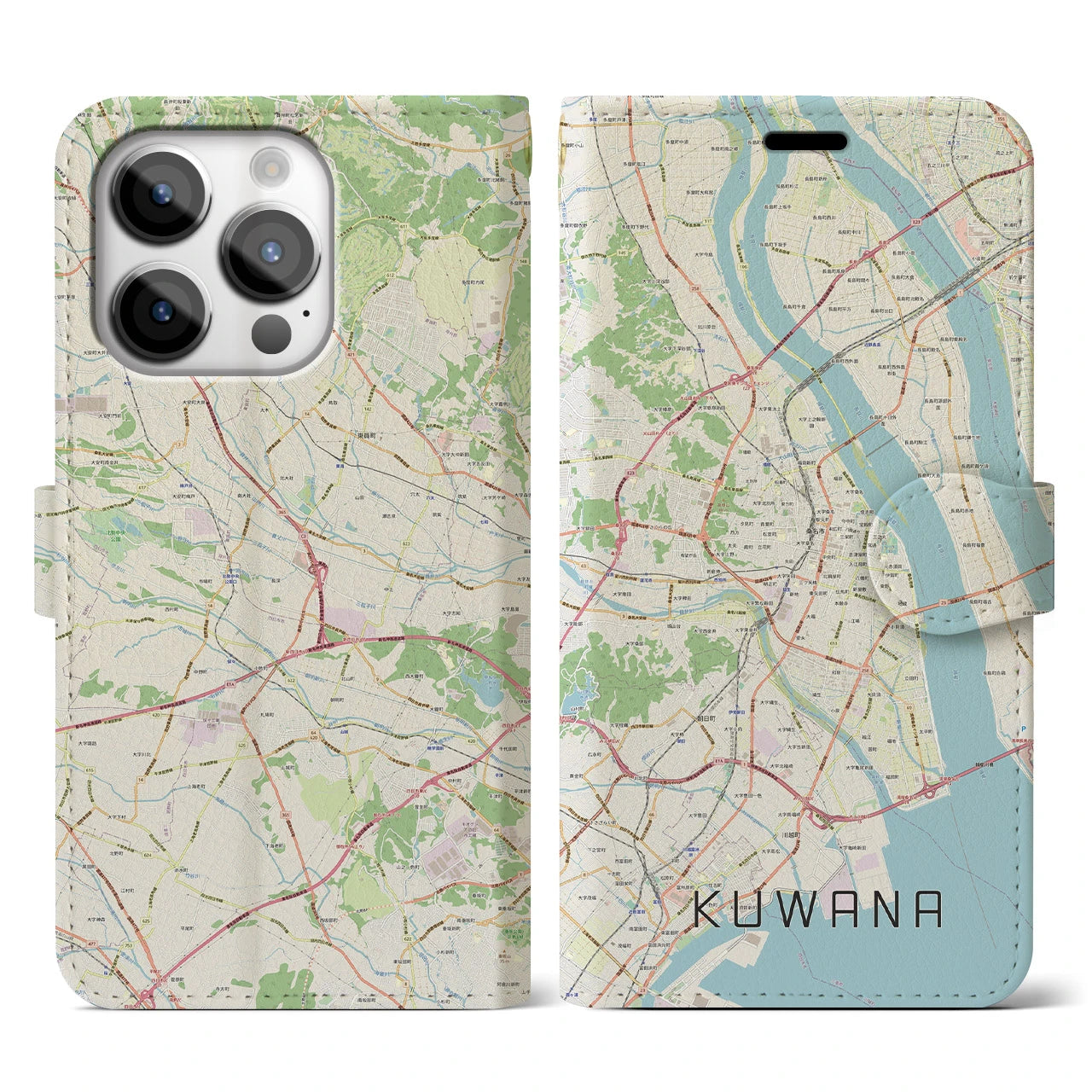 【桑名】地図柄iPhoneケース（手帳両面タイプ・ナチュラル）iPhone 14 Pro 用