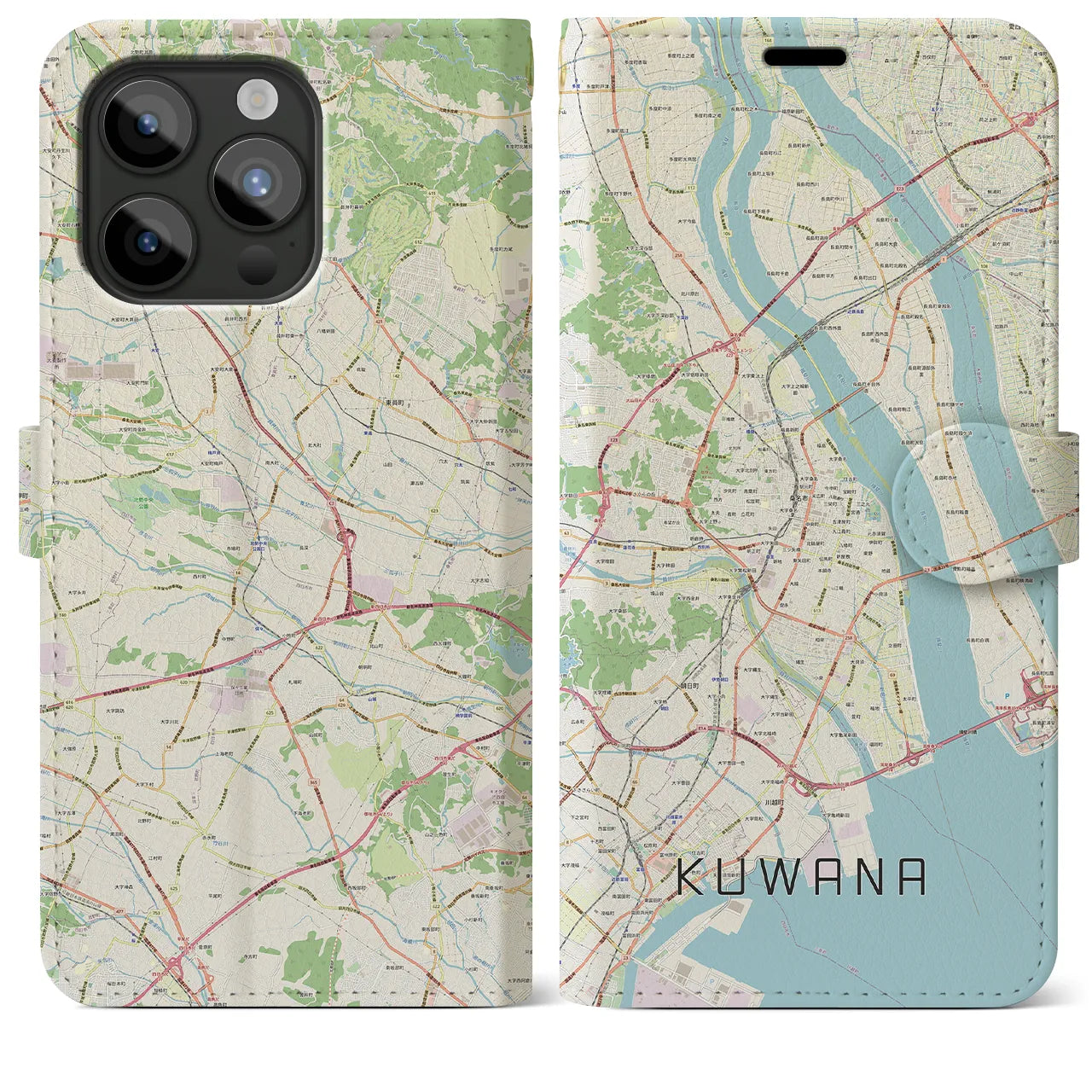 【桑名】地図柄iPhoneケース（手帳両面タイプ・ナチュラル）iPhone 15 Pro Max 用
