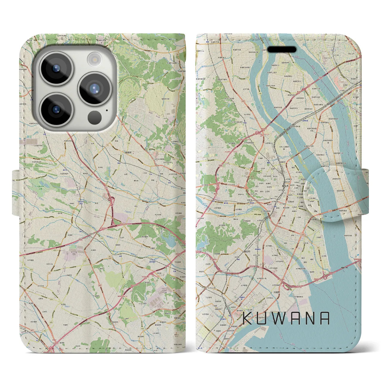 【桑名】地図柄iPhoneケース（手帳両面タイプ・ナチュラル）iPhone 15 Pro 用