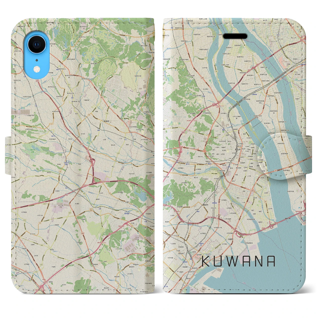 【桑名】地図柄iPhoneケース（手帳両面タイプ・ナチュラル）iPhone XR 用