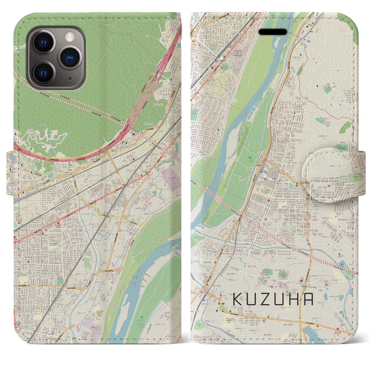 【樟葉】地図柄iPhoneケース（手帳両面タイプ・ナチュラル）iPhone 11 Pro Max 用