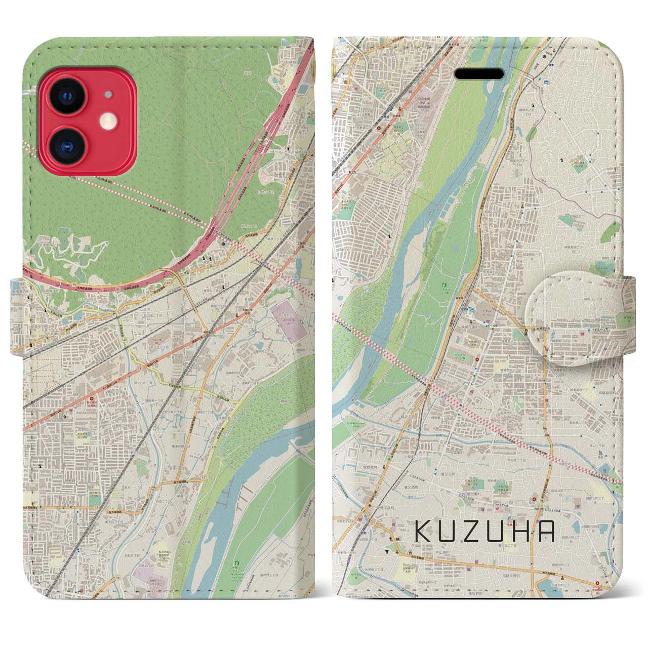 【樟葉】地図柄iPhoneケース（手帳両面タイプ・ナチュラル）iPhone 11 用