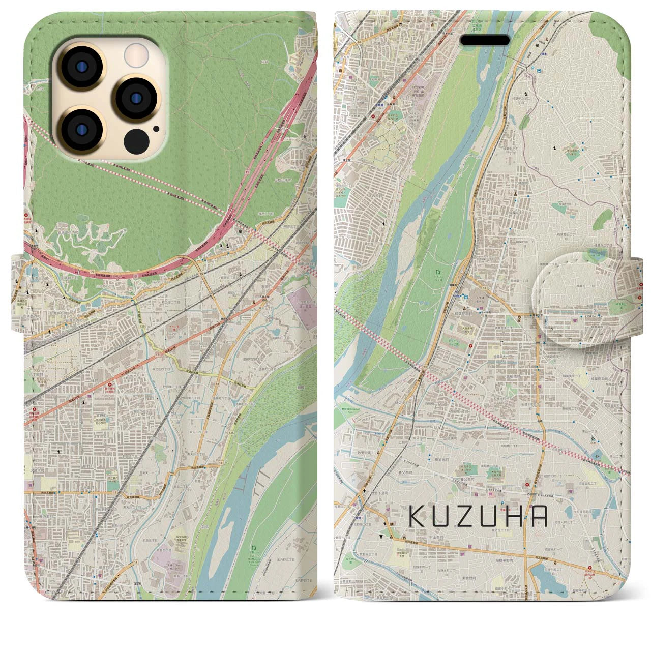 【樟葉】地図柄iPhoneケース（手帳両面タイプ・ナチュラル）iPhone 12 Pro Max 用