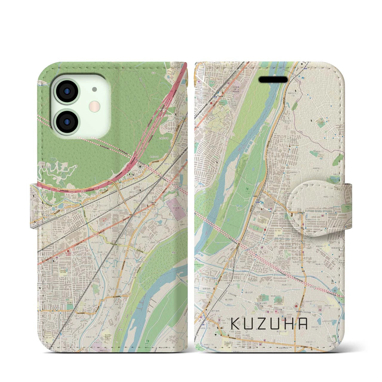 【樟葉】地図柄iPhoneケース（手帳両面タイプ・ナチュラル）iPhone 12 mini 用
