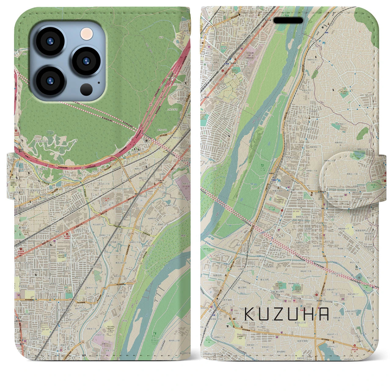 【樟葉】地図柄iPhoneケース（手帳両面タイプ・ナチュラル）iPhone 13 Pro Max 用