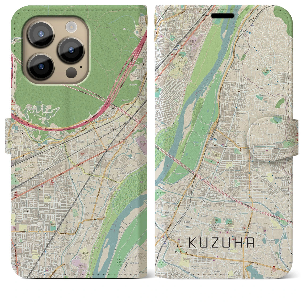 【樟葉】地図柄iPhoneケース（手帳両面タイプ・ナチュラル）iPhone 14 Pro Max 用