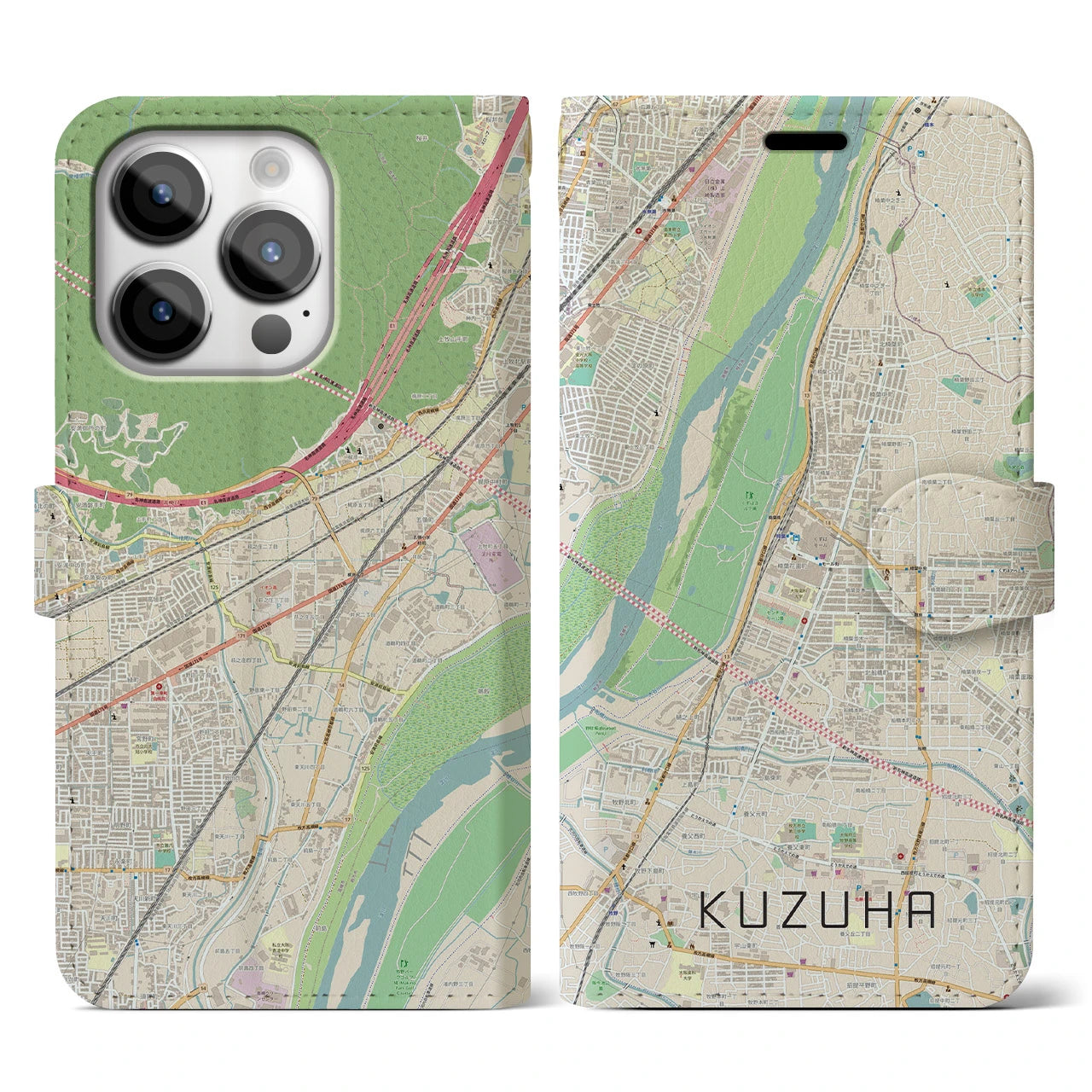 【樟葉】地図柄iPhoneケース（手帳両面タイプ・ナチュラル）iPhone 14 Pro 用
