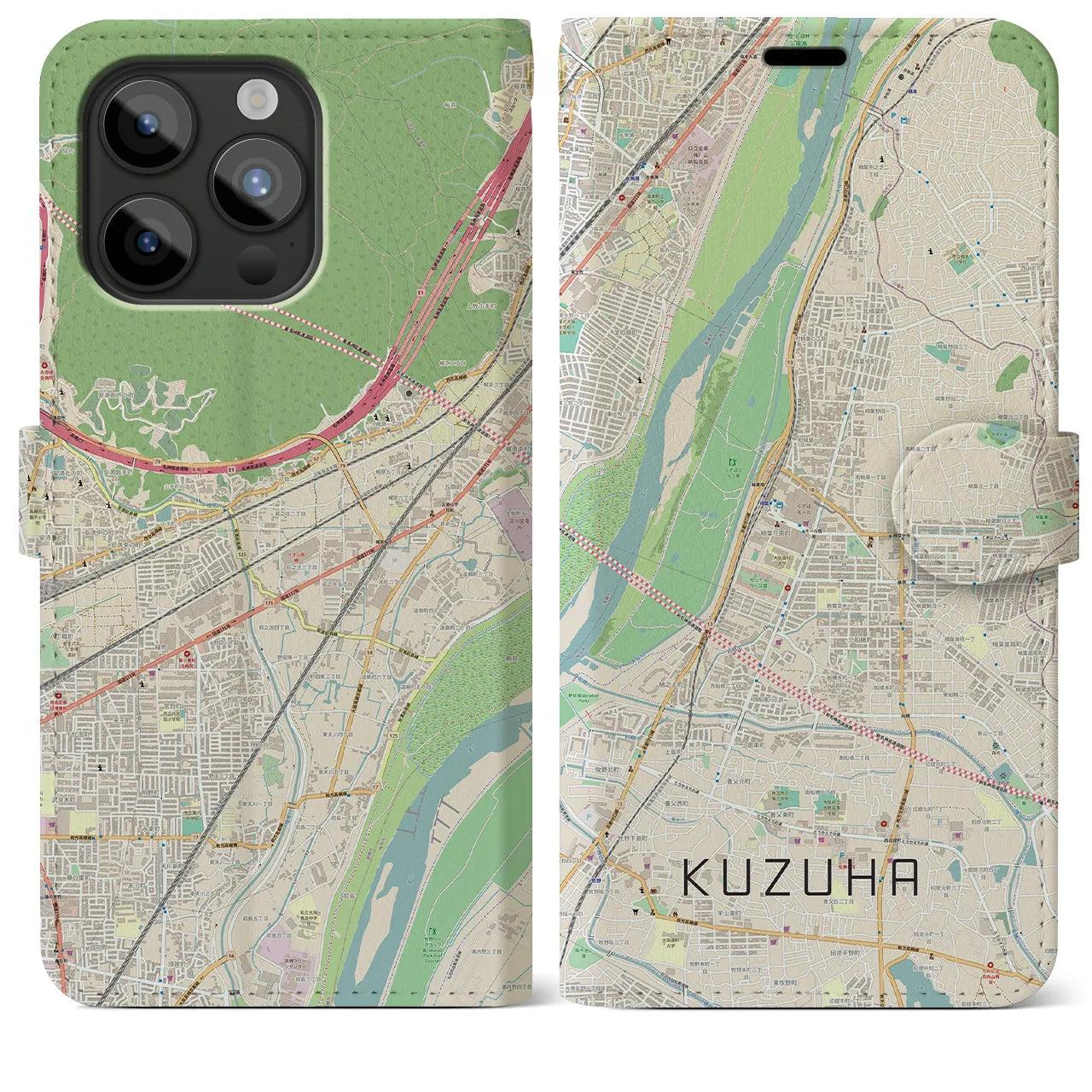 【樟葉】地図柄iPhoneケース（手帳両面タイプ・ナチュラル）iPhone 15 Pro Max 用