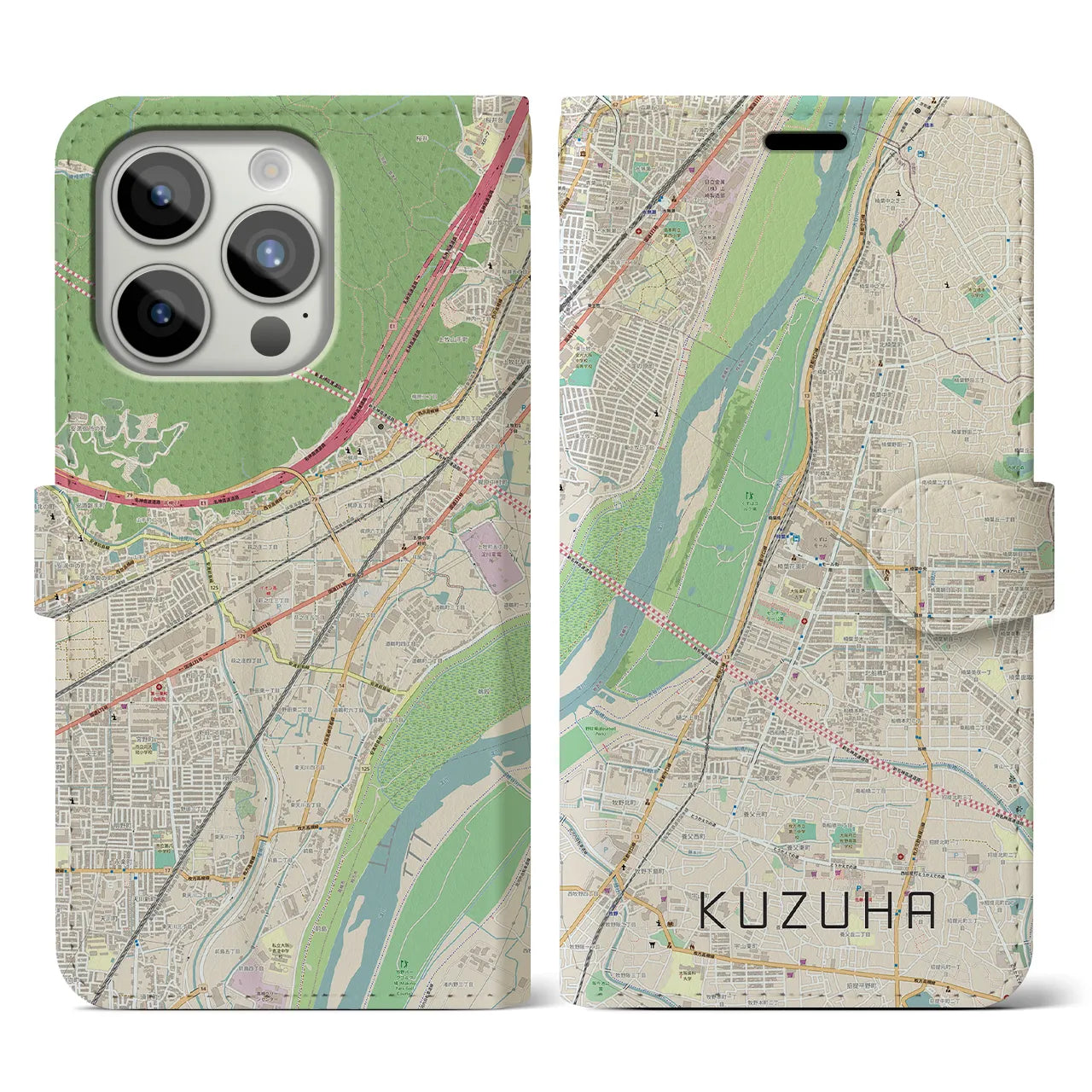 【樟葉】地図柄iPhoneケース（手帳両面タイプ・ナチュラル）iPhone 15 Pro 用