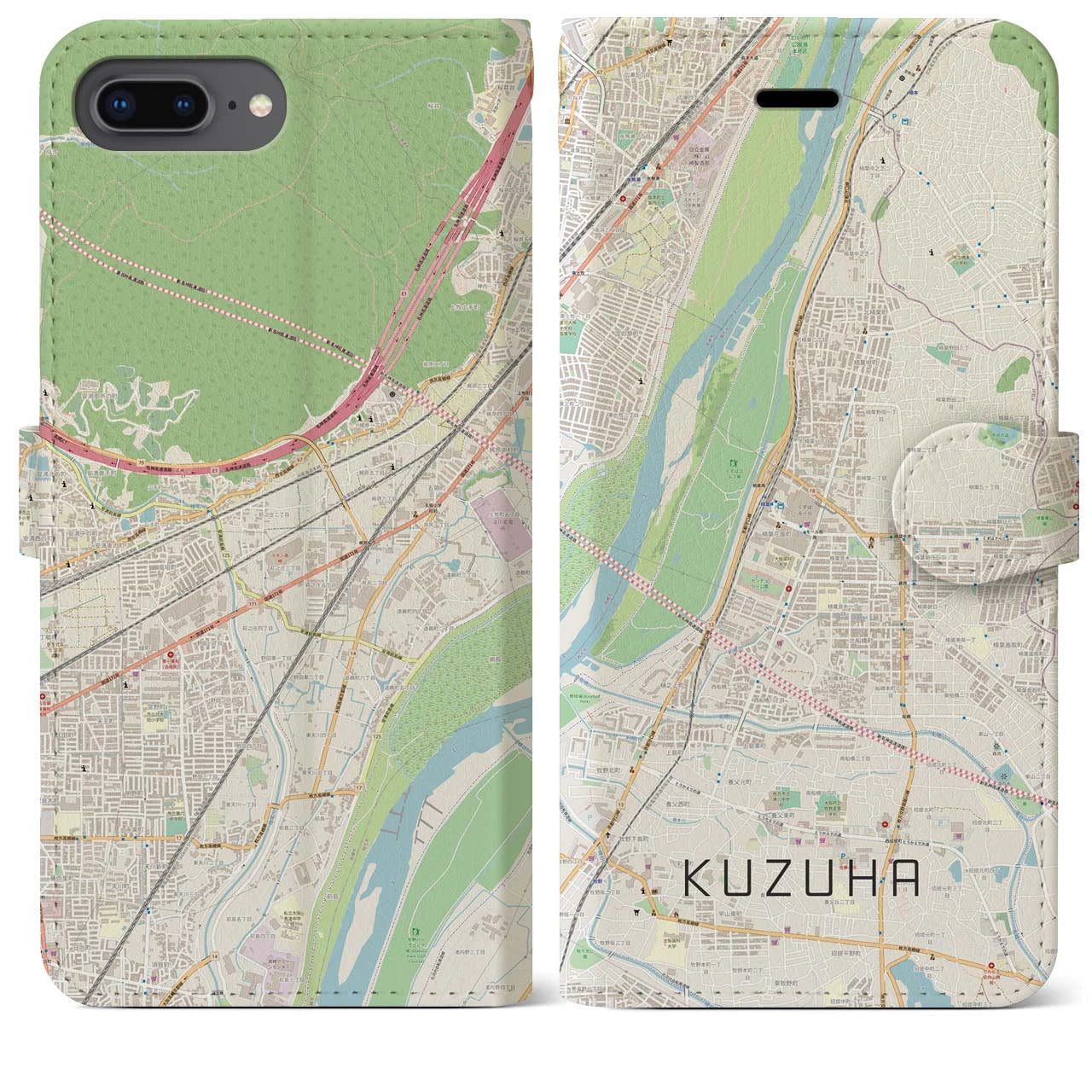 【樟葉】地図柄iPhoneケース（手帳両面タイプ・ナチュラル）iPhone 8Plus /7Plus / 6sPlus / 6Plus 用