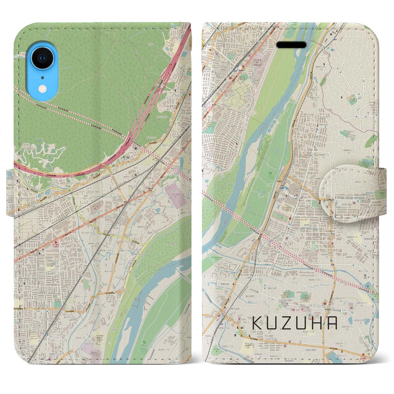 【樟葉】地図柄iPhoneケース（手帳両面タイプ・ナチュラル）iPhone XR 用