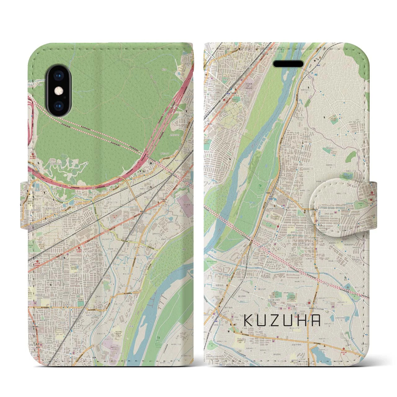 【樟葉】地図柄iPhoneケース（手帳両面タイプ・ナチュラル）iPhone XS / X 用