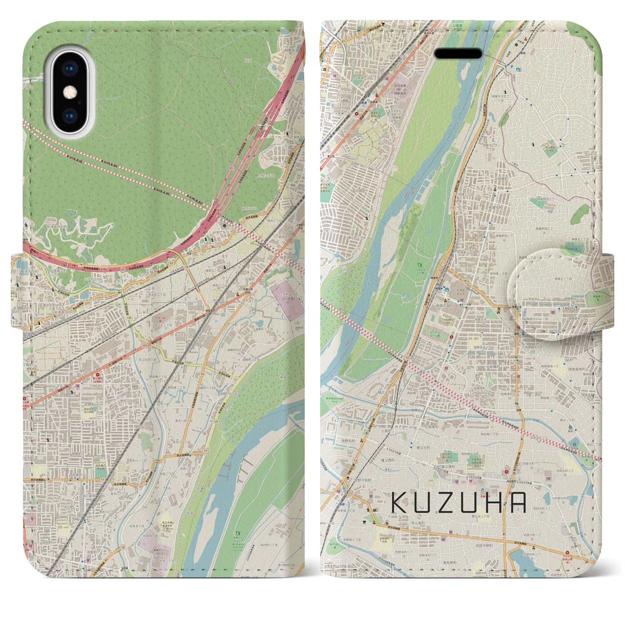【樟葉】地図柄iPhoneケース（手帳両面タイプ・ナチュラル）iPhone XS Max 用