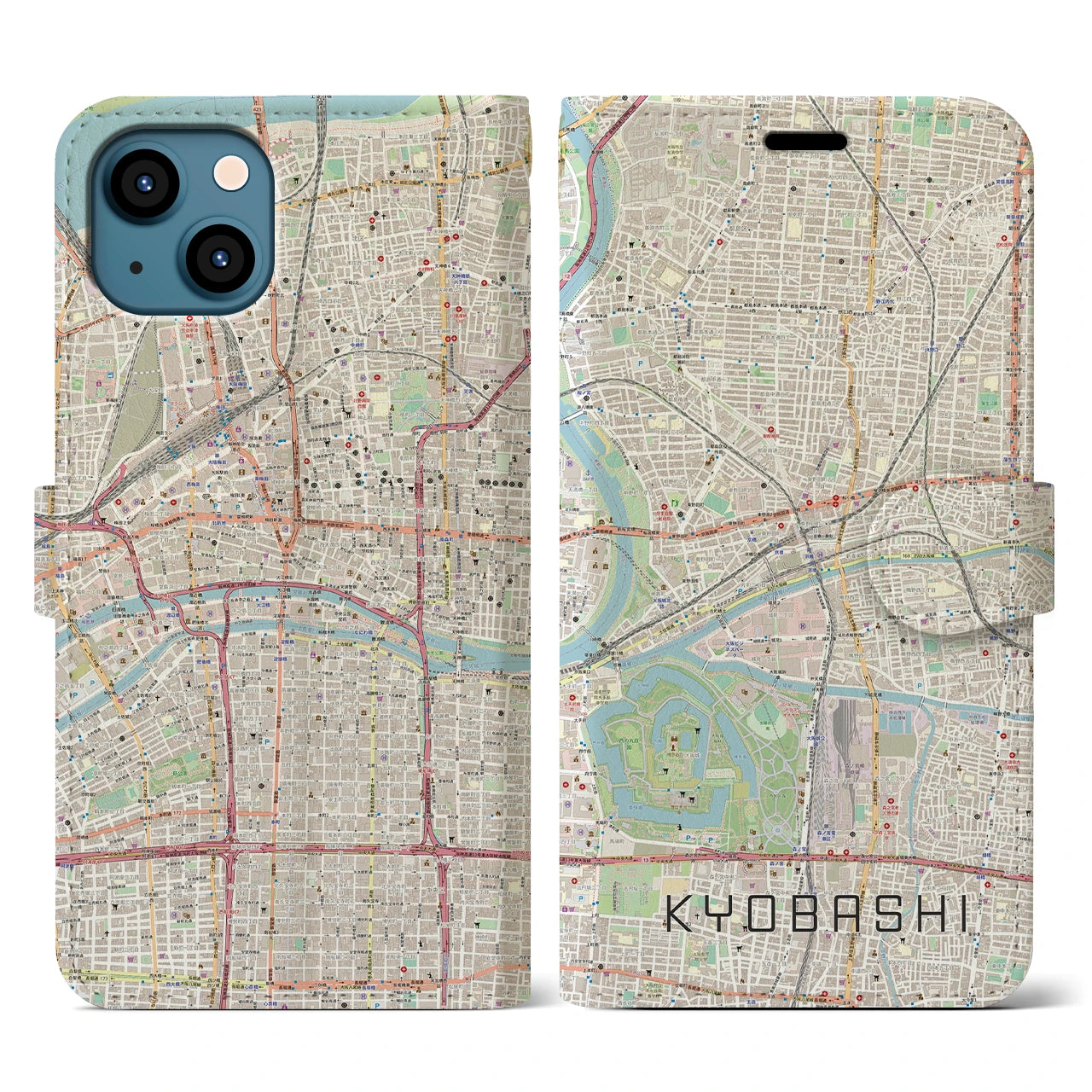 【京橋】地図柄iPhoneケース（手帳両面タイプ・ナチュラル）iPhone 13 用