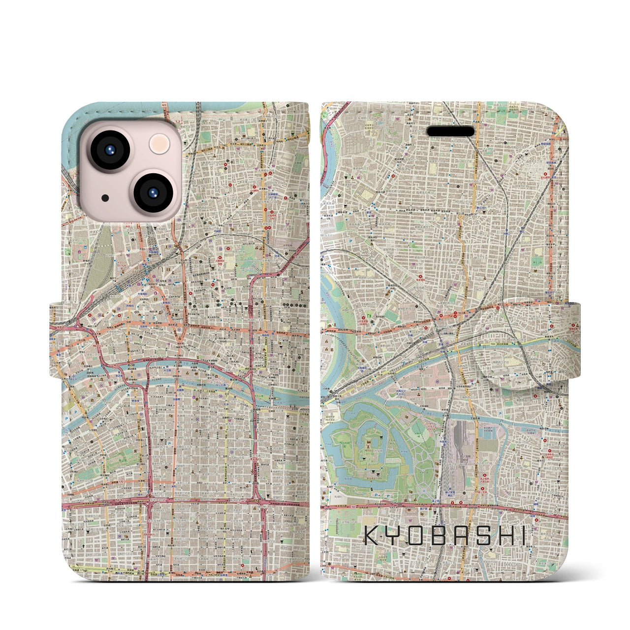 【京橋】地図柄iPhoneケース（手帳両面タイプ・ナチュラル）iPhone 13 mini 用