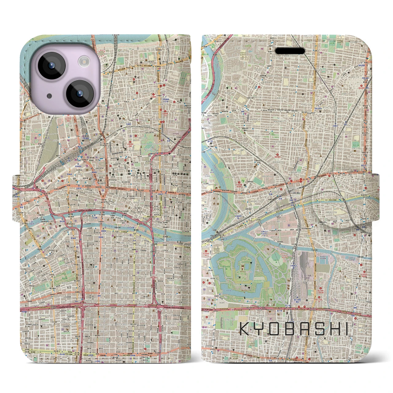 【京橋】地図柄iPhoneケース（手帳両面タイプ・ナチュラル）iPhone 14 用