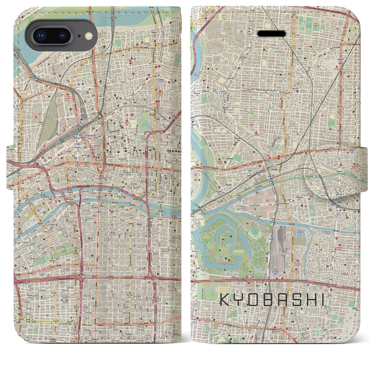 【京橋】地図柄iPhoneケース（手帳両面タイプ・ナチュラル）iPhone 8Plus /7Plus / 6sPlus / 6Plus 用