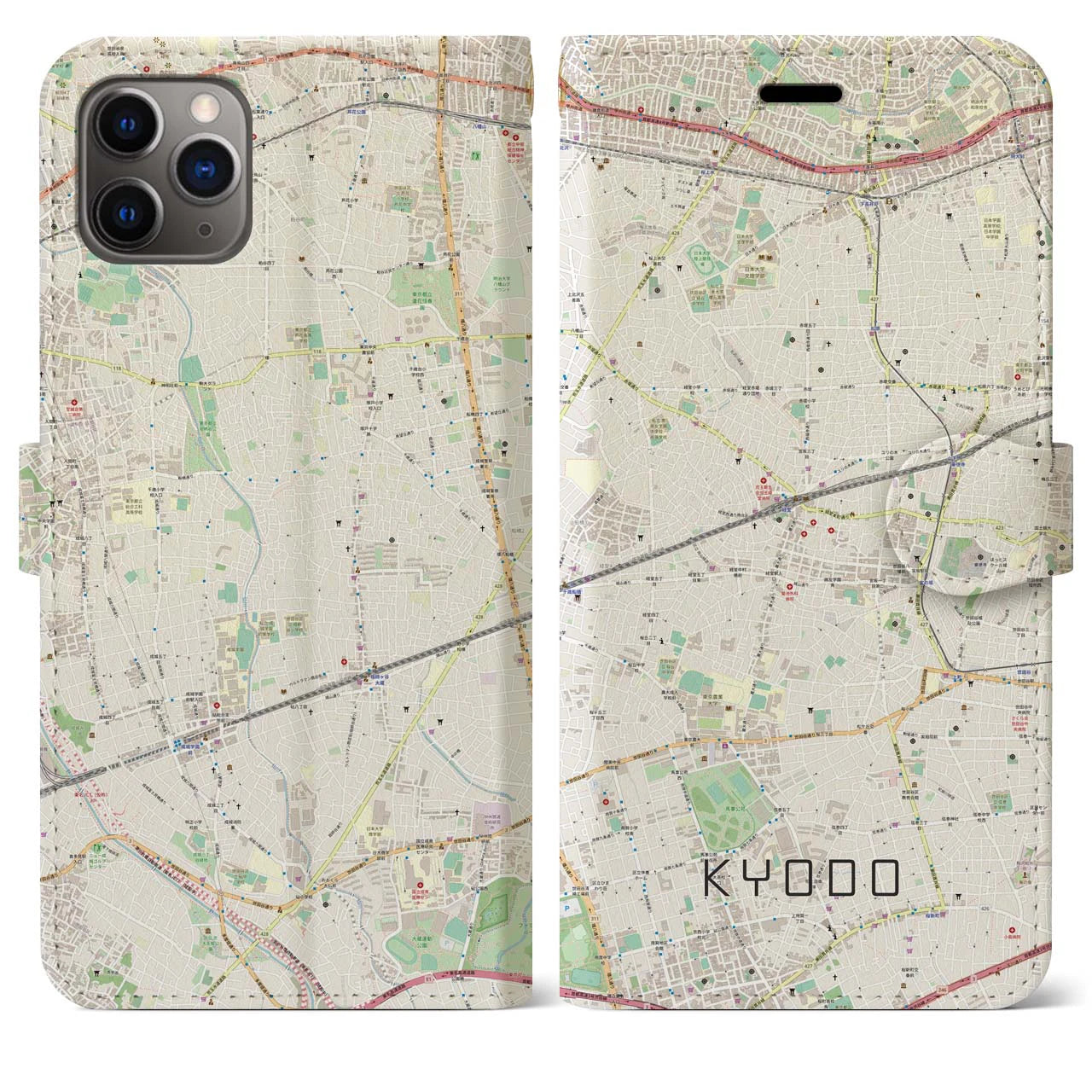 【経堂】地図柄iPhoneケース（手帳両面タイプ・ナチュラル）iPhone 11 Pro Max 用