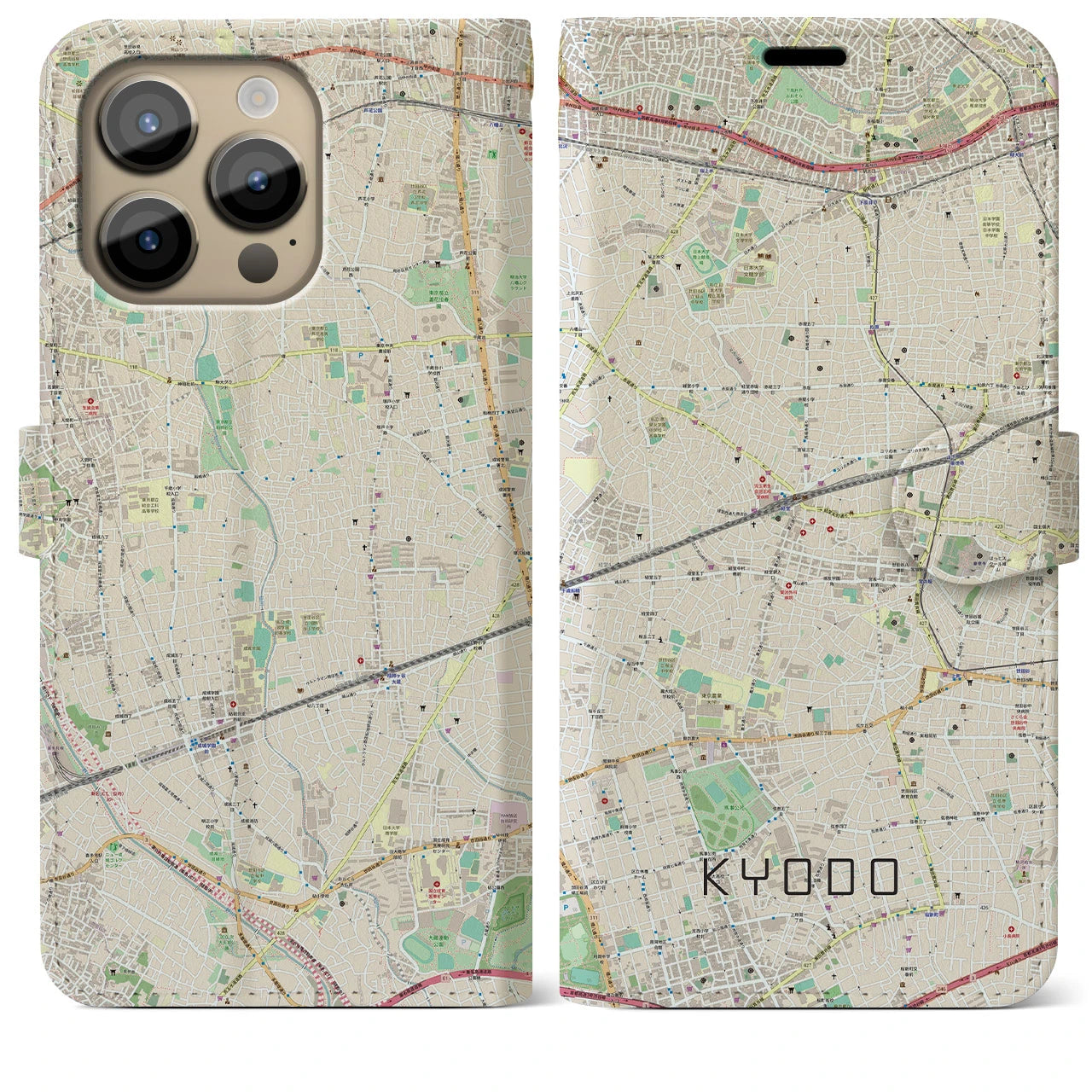 【経堂】地図柄iPhoneケース（手帳両面タイプ・ナチュラル）iPhone 14 Pro Max 用