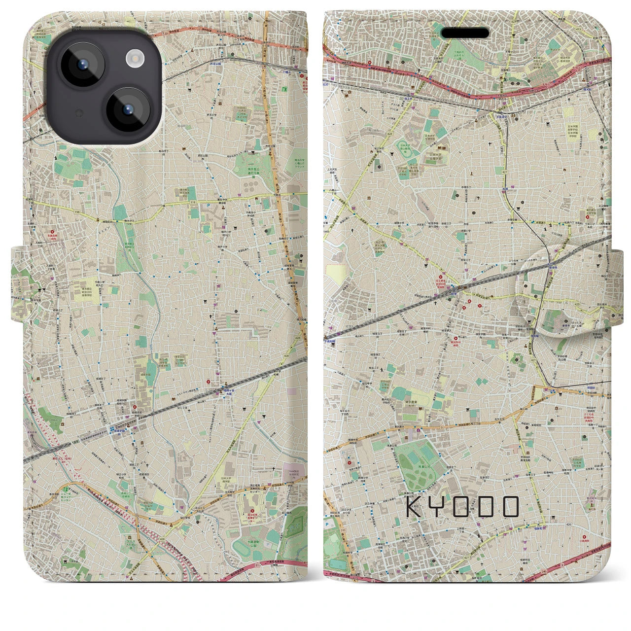 【経堂】地図柄iPhoneケース（手帳両面タイプ・ナチュラル）iPhone 14 Plus 用