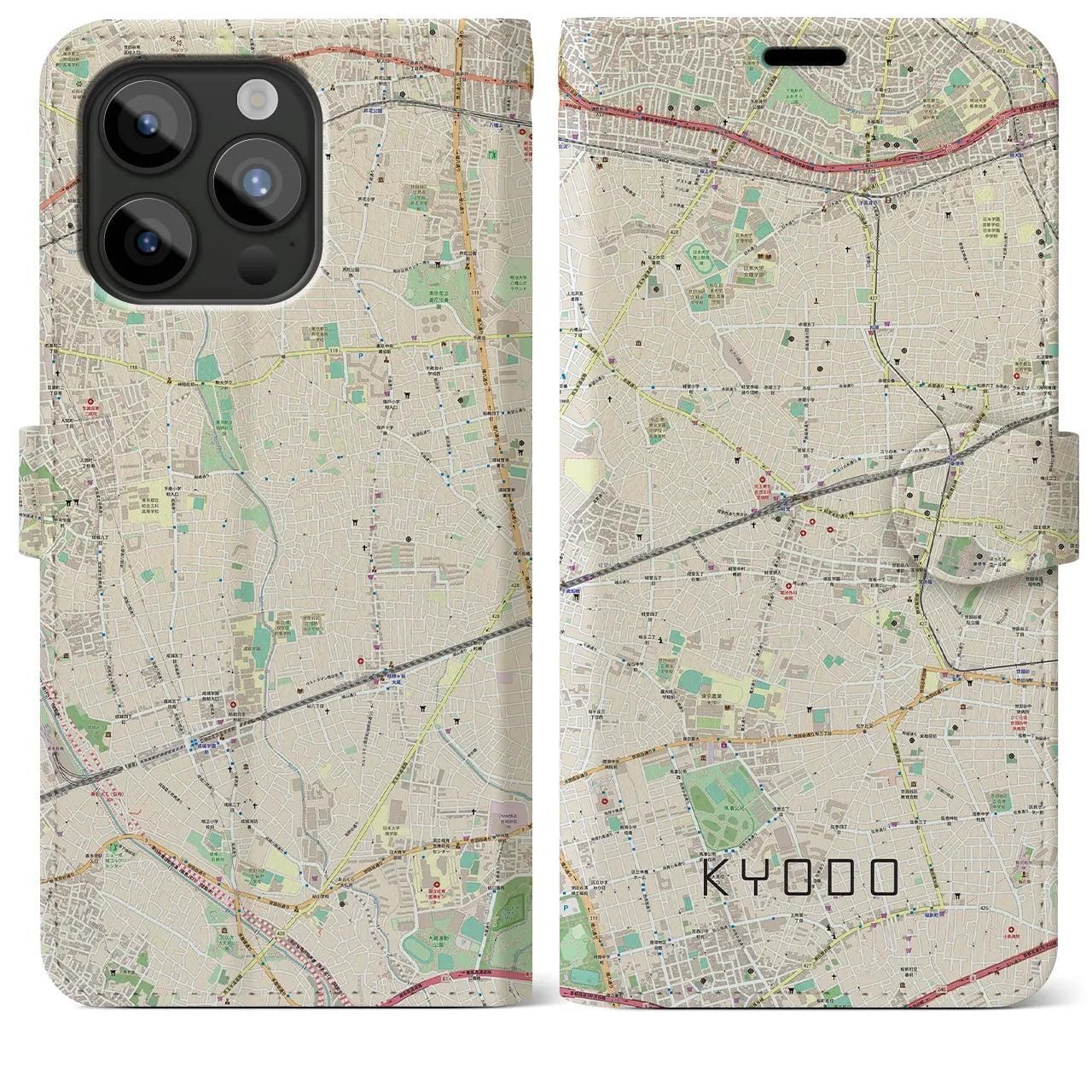 【経堂】地図柄iPhoneケース（手帳両面タイプ・ナチュラル）iPhone 15 Pro Max 用