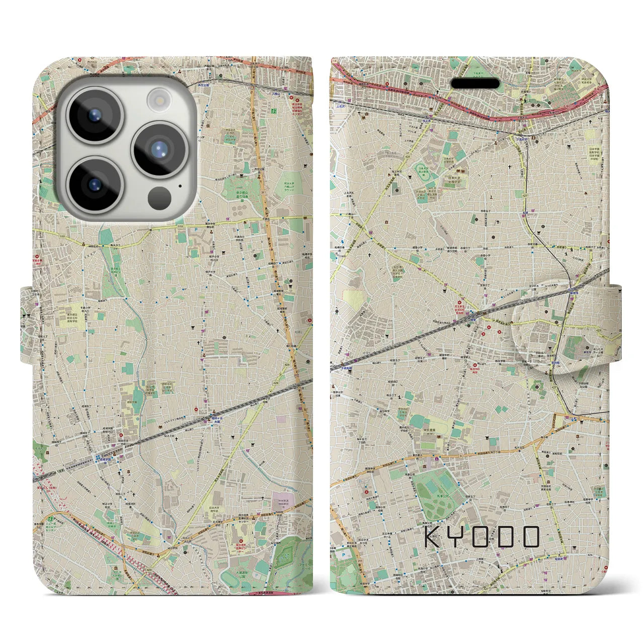 【経堂】地図柄iPhoneケース（手帳両面タイプ・ナチュラル）iPhone 15 Pro 用