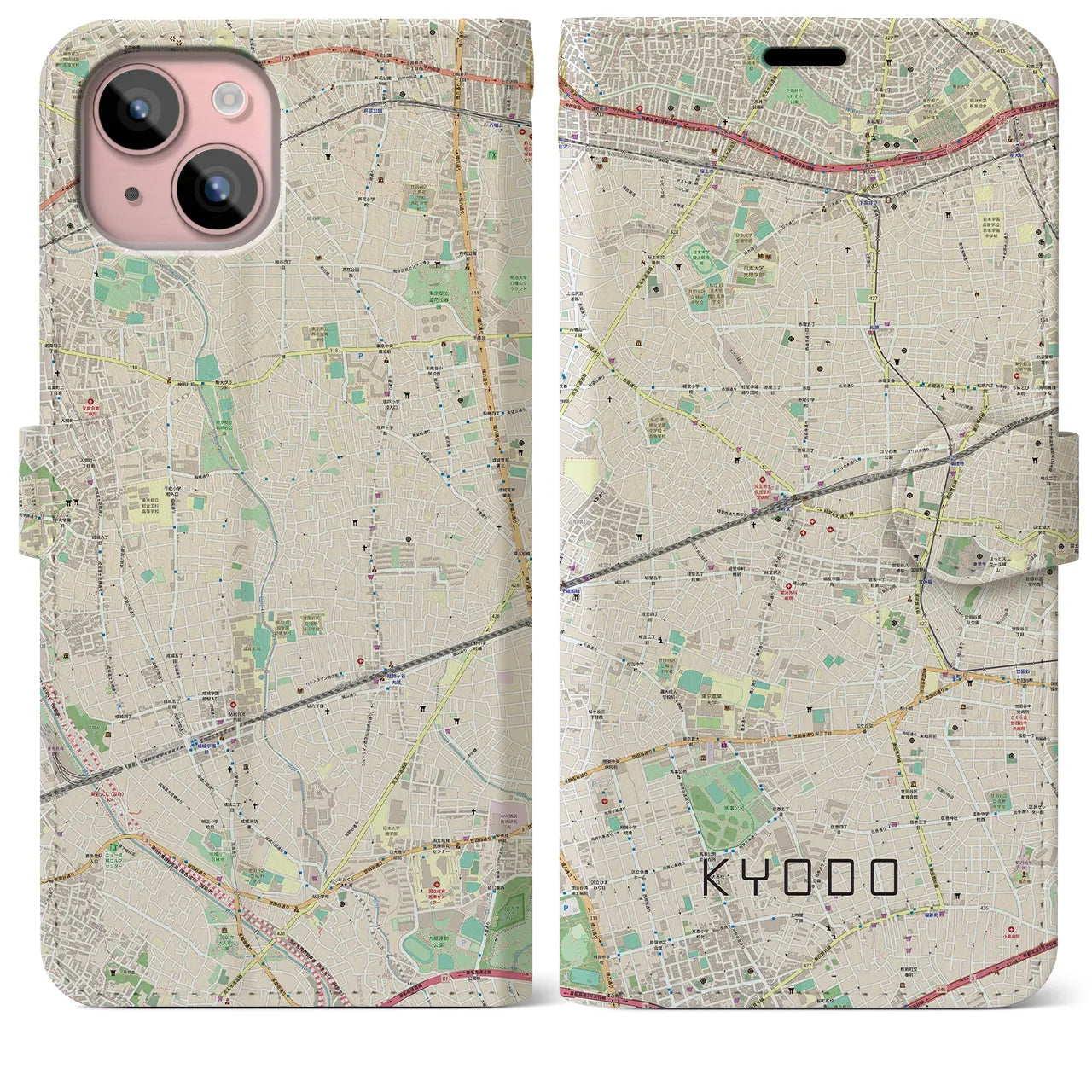 【経堂】地図柄iPhoneケース（手帳両面タイプ・ナチュラル）iPhone 15 Plus 用