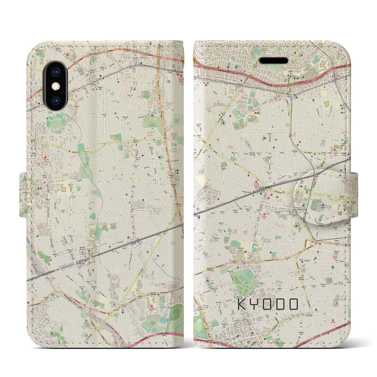 【経堂】地図柄iPhoneケース（手帳両面タイプ・ナチュラル）iPhone XS / X 用
