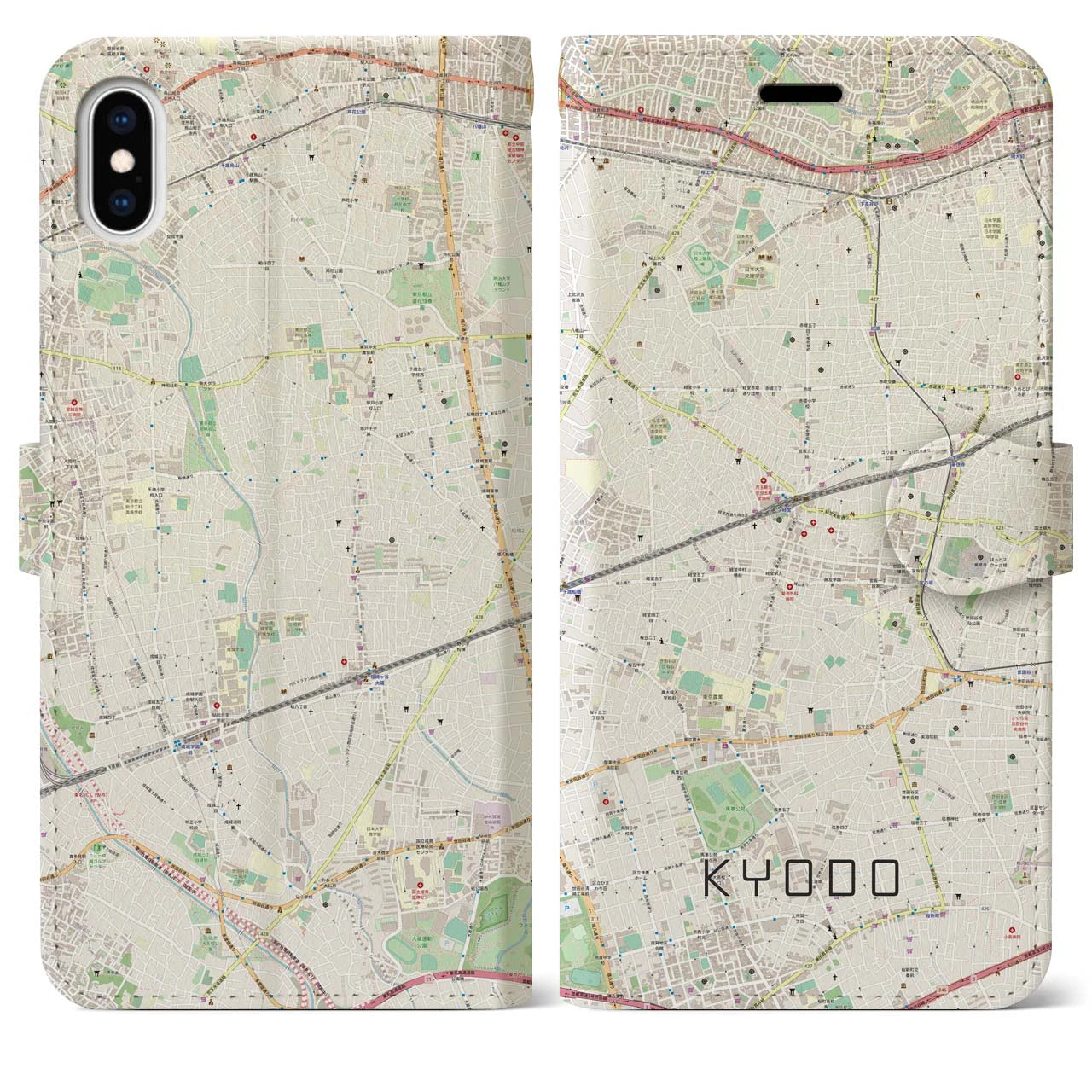【経堂】地図柄iPhoneケース（手帳両面タイプ・ナチュラル）iPhone XS Max 用