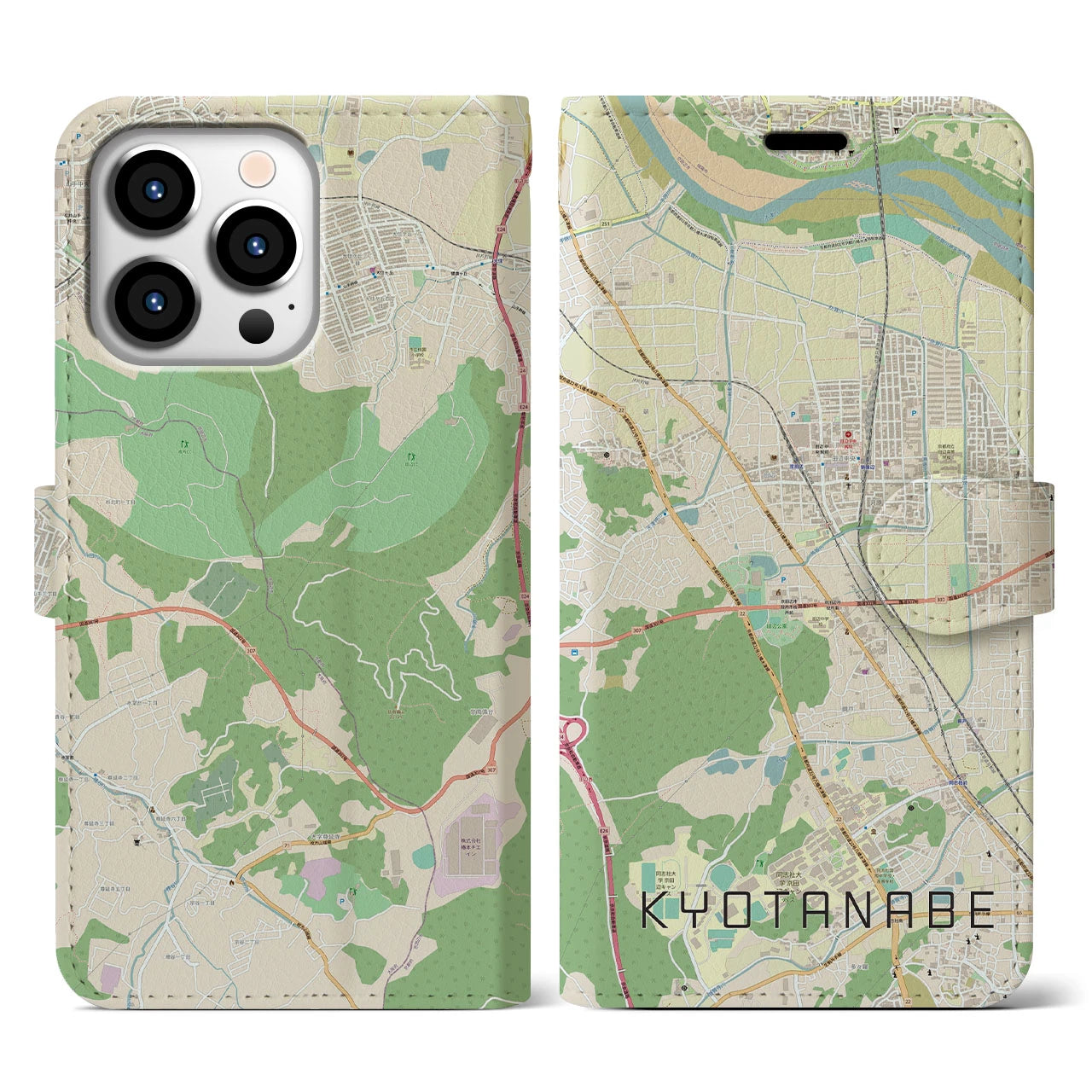 【京田辺】地図柄iPhoneケース（手帳両面タイプ・ナチュラル）iPhone 13 Pro 用