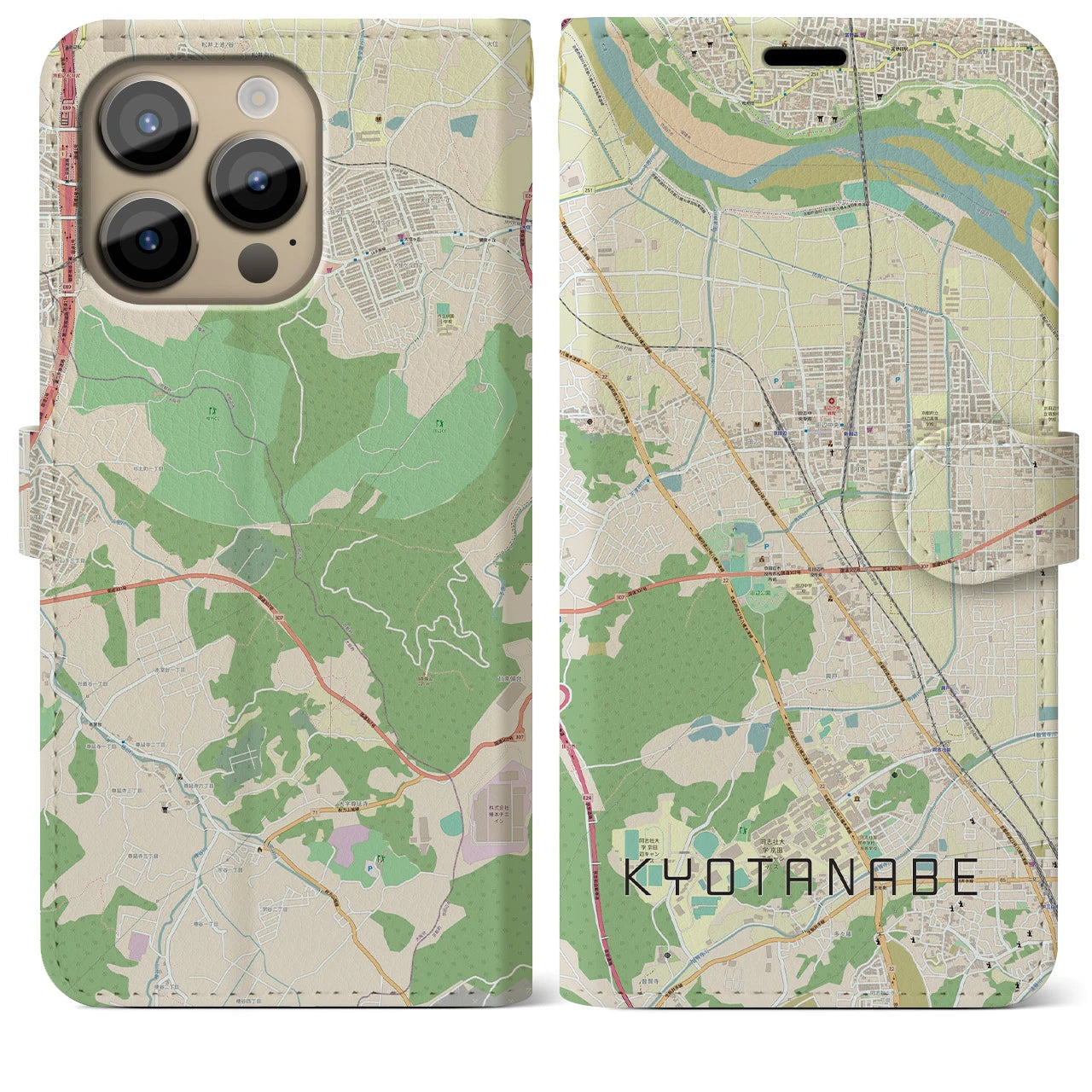 【京田辺】地図柄iPhoneケース（手帳両面タイプ・ナチュラル）iPhone 14 Pro Max 用