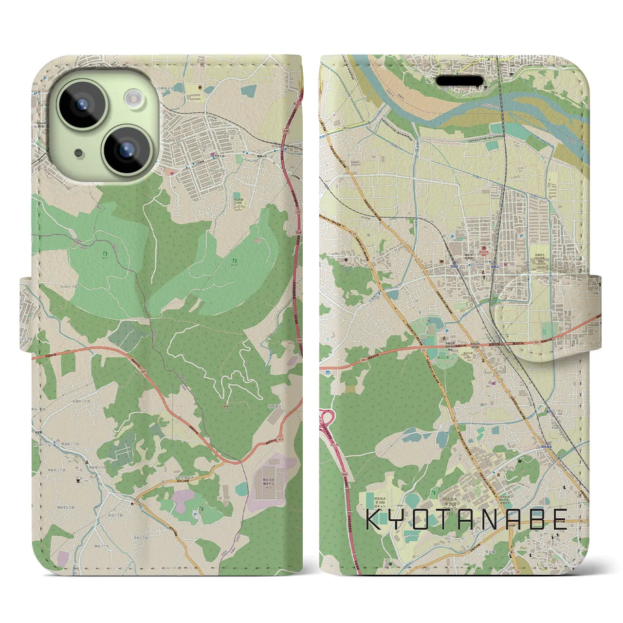 【京田辺】地図柄iPhoneケース（手帳両面タイプ・ナチュラル）iPhone 15 用