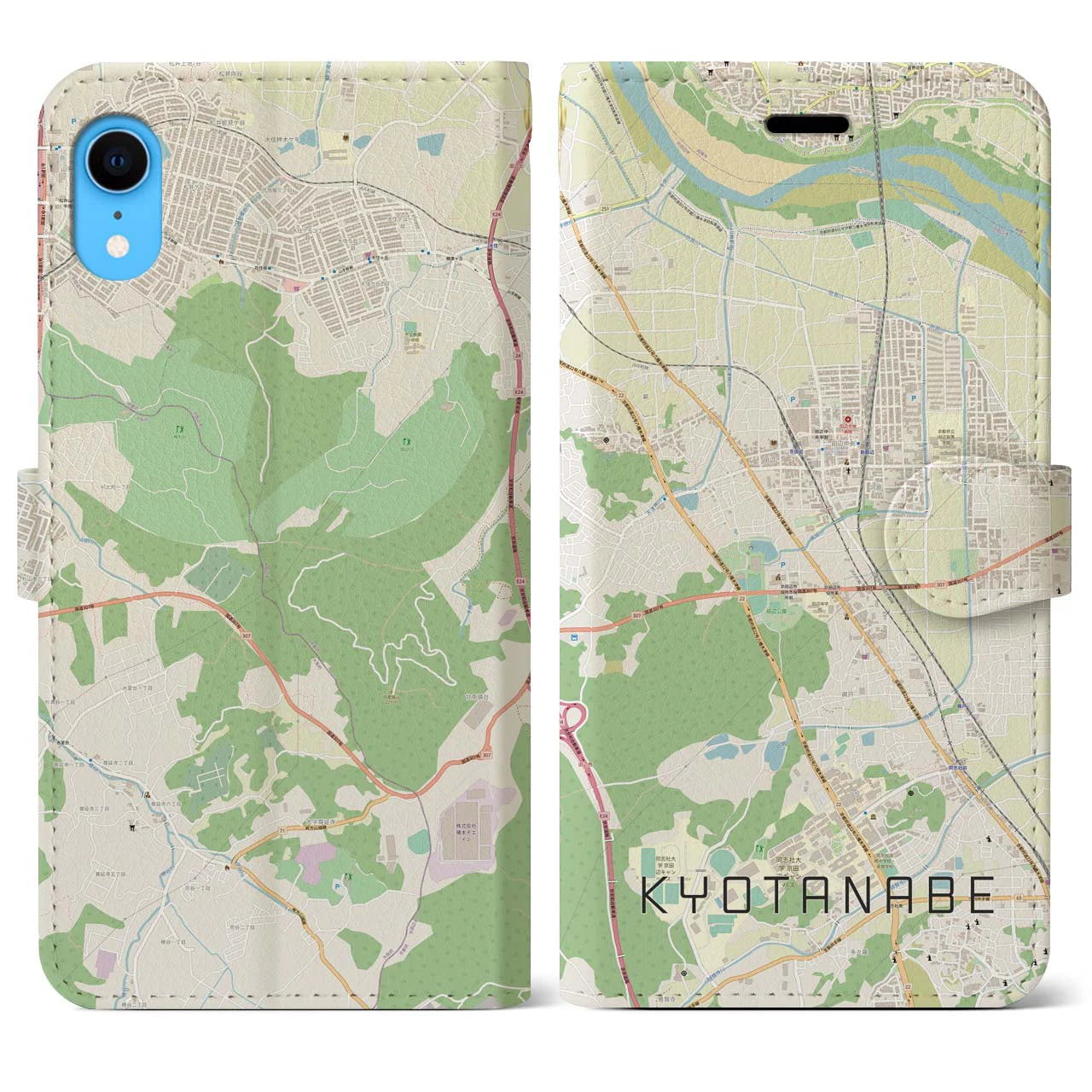 【京田辺】地図柄iPhoneケース（手帳両面タイプ・ナチュラル）iPhone XR 用