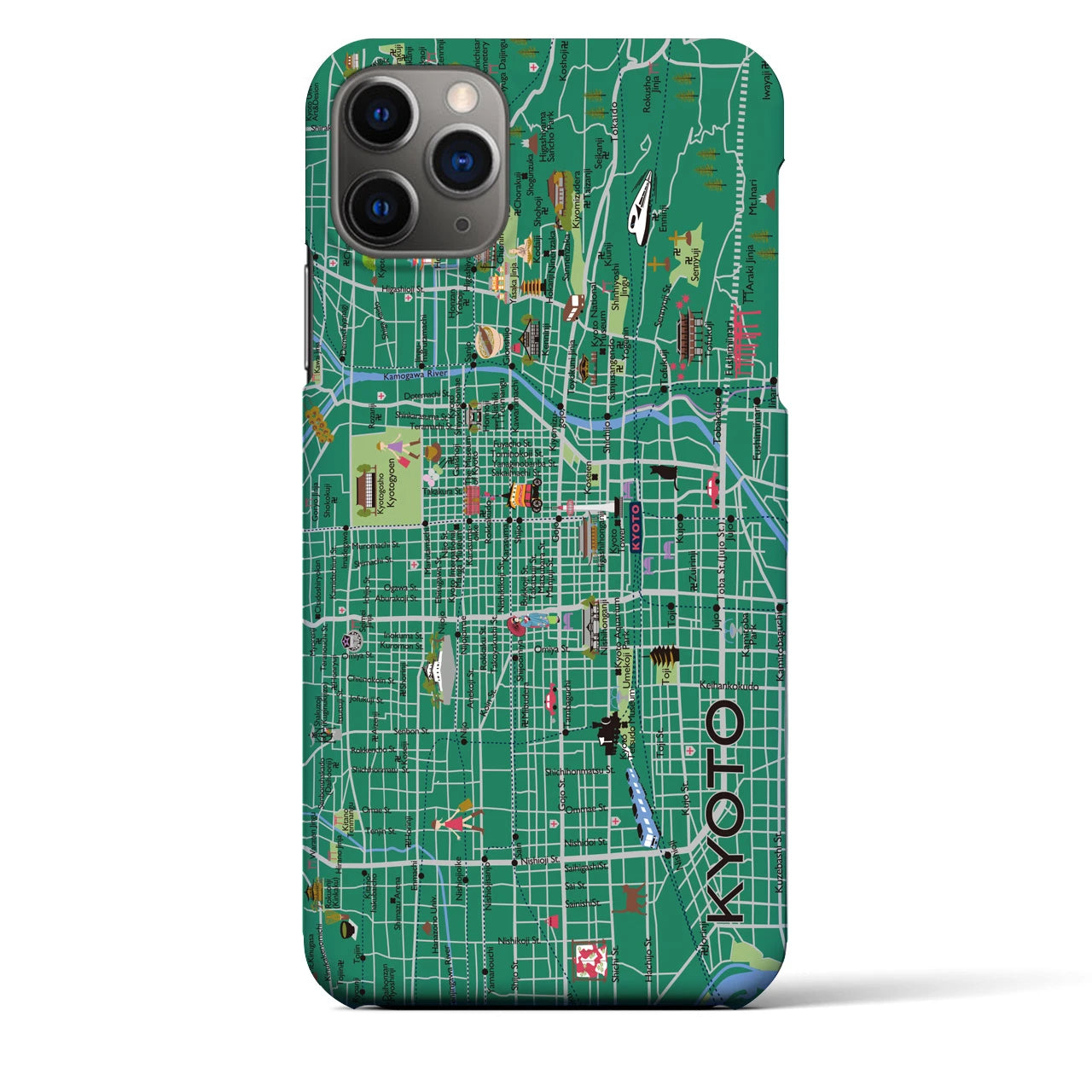 【京都（イラスト）】地図柄iPhoneケース（バックカバータイプ・常盤緑）iPhone 11 Pro Max 用